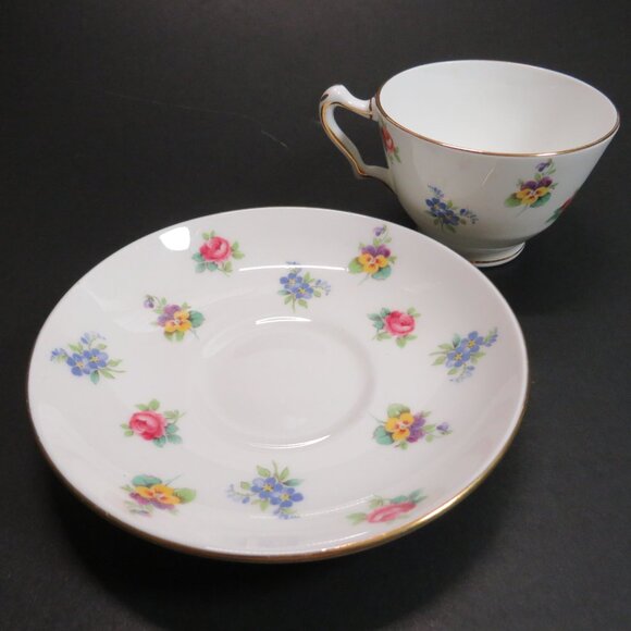 Crown Staffordshire Tea Cup & Saucer fine bone china Rose Pansy Gold Rim - Picture 2 of 16